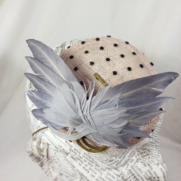 Small Round Fascinator Hat with Polka Dots Gray Feather \